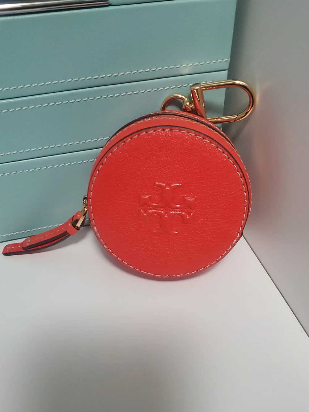 Tory Burch Coral Round Leather Key & Coin Holder with Gold Hardware